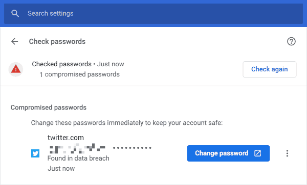 Google Chrome 86 a Quick Change Password Button